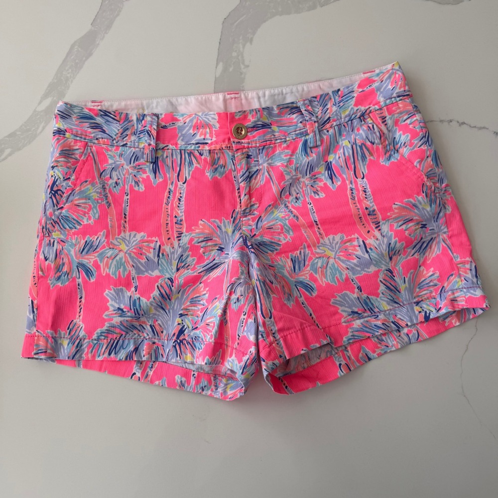 Lilly Pulitzer Callahan Shorts Pink Palm Tree Print Size 10 Tropical Chino